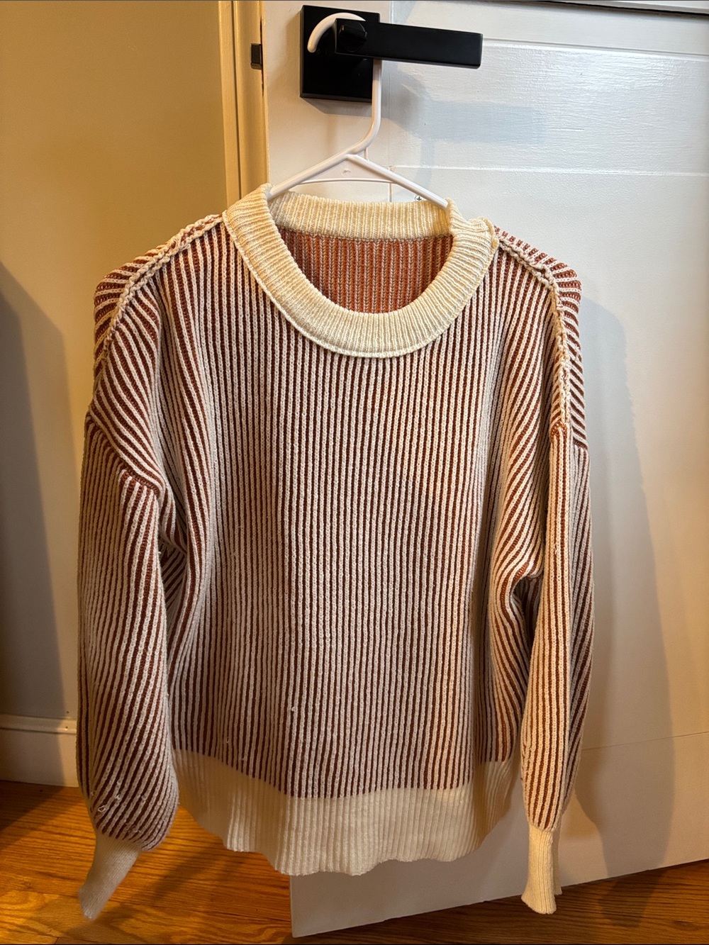 Reversible Cream & Orange Striped Crewneck Sweater